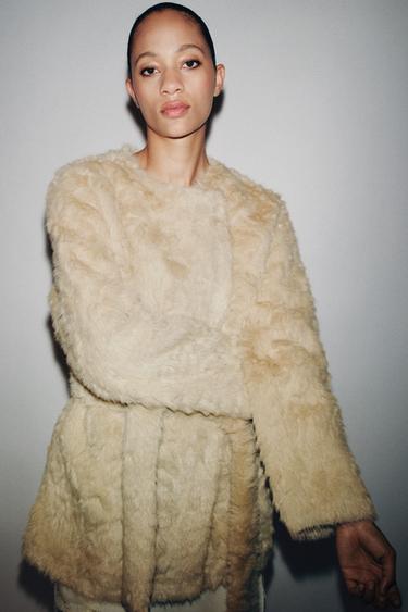 ZW COLLECTION FAUX FUR BELTED JACKET - Ecru by Zara