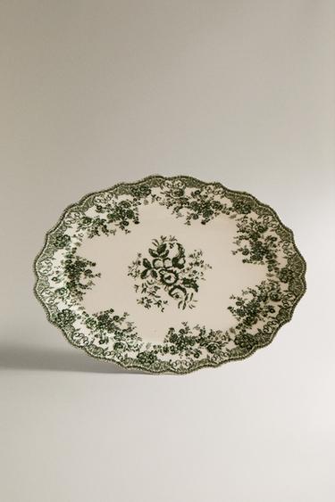 FLORAL EARTHENWARE SERVING DISH - Dark olive by Zara