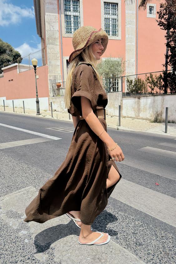 BELTED MIDI DRESS - Brown by Zara - Image 0