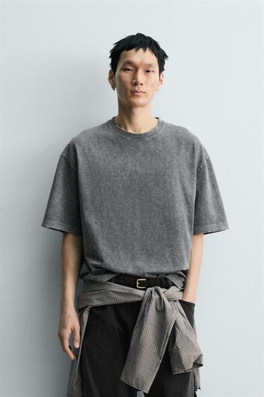 RELAXED FIT SLUB KNIT T-SHIRT WITH WASHED EFFECT - Dark anthracite by Zara