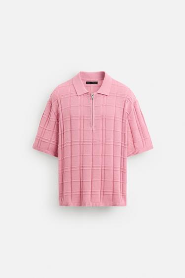 CHECKERED JACQUARD KNIT POLO SHIRT - Pink by Zara