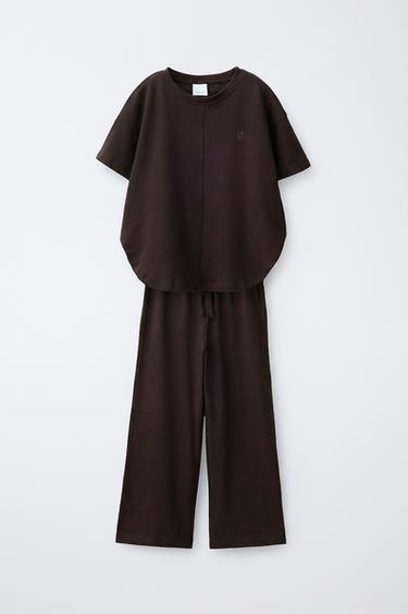 PLAIN T-SHIRT AND WIDE-LEG TROUSERS SET - Brown by Zara