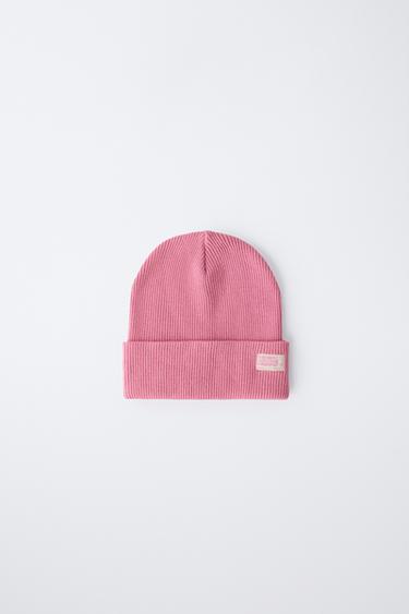 RIBBED KNIT BEANIE WITH LABEL - Pale pink by Zara