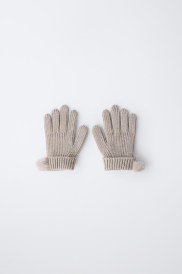 KNIT GLOVES WITH POMPOM - Sand by Zara