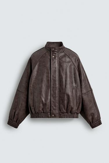 VINTAGE LEATHER EFFECT JACKET - Dark tan by Zara
