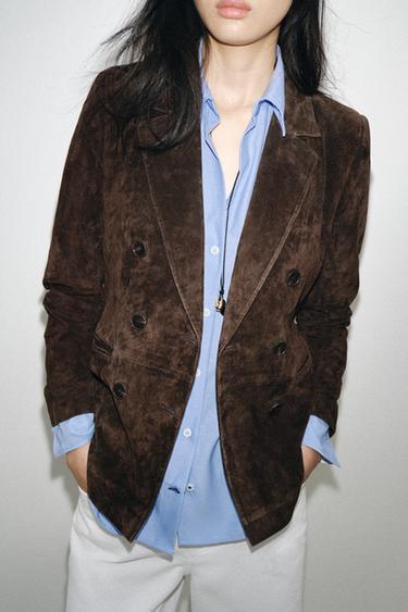 DOUBLE-BREASTED 100% LEATHER SUEDE BLAZER - Brown by Zara
