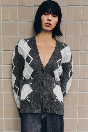 100% WOOL ARGYLE CARDIGAN - Grey / Blue by Zara