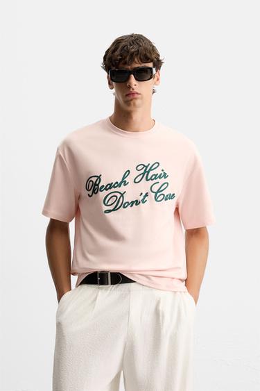 EMBROIDERED SLOGAN T-SHIRT - Pale pink by Zara
