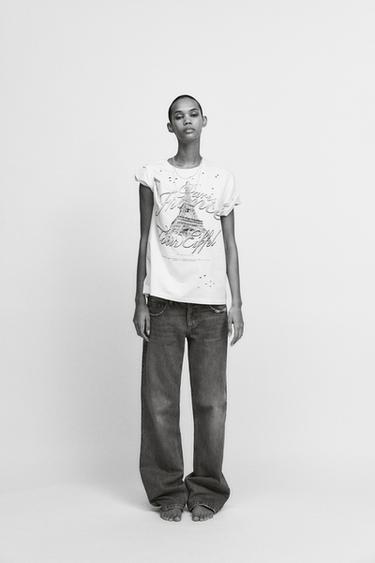 PRINTED T-SHIRT WITH DISTRESSED DETAILING - Ecru by Zara - Image 0