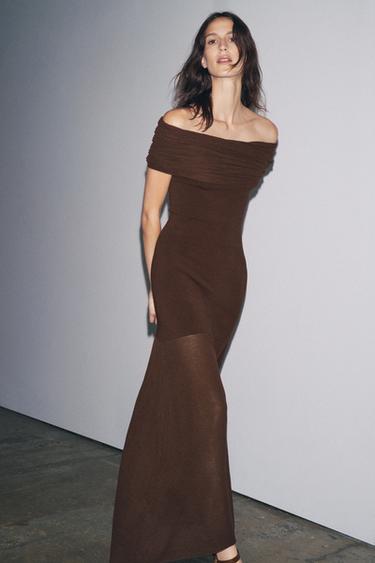 OFF-THE-SHOULDER KNIT DRESS - Dark brown by Zara - Image 0