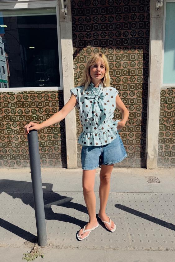 POLKA DOT SHIRT WITH BOW AND SLEEVELESS DESIGN - Brown-Blue by Zara - Image 0