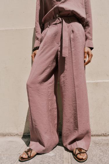 FLOWING WIDE-LEG TROUSERS WITH BELT - MARSALA by Zara