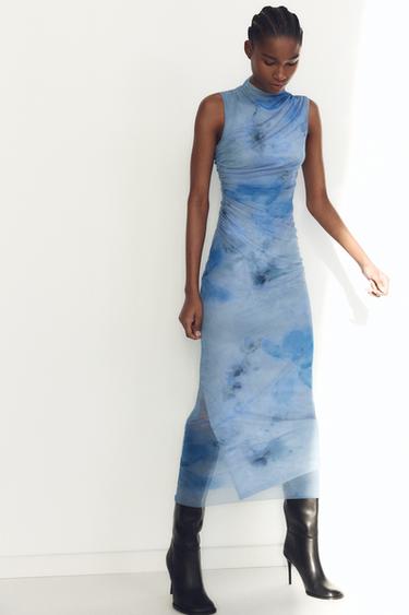 DRAPED PRINT MIDI DRESS - Blues by Zara - Image 0