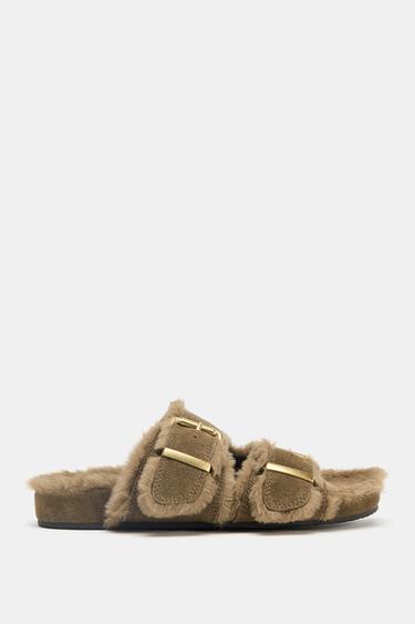 BUCKLED FLAT SHEEPSKIN SANDALS - Taupe Grey by Zara