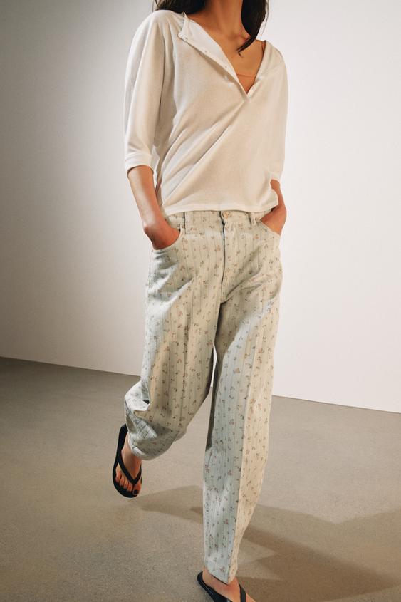 ZW COLLECTION HIGH-WAIST TAPERED FLORAL JEANS - Light blue by Zara - Image 0