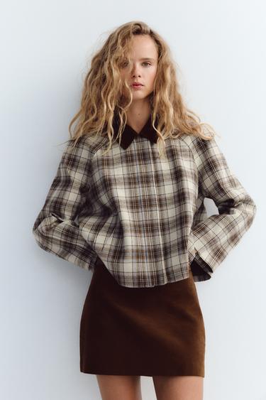 CHECKED CAPE JACKET - Brown-Blue by Zara