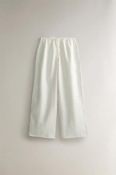 LINEN TROUSERS WITH TOPSTITCHING - Ecru by Zara - Image 0