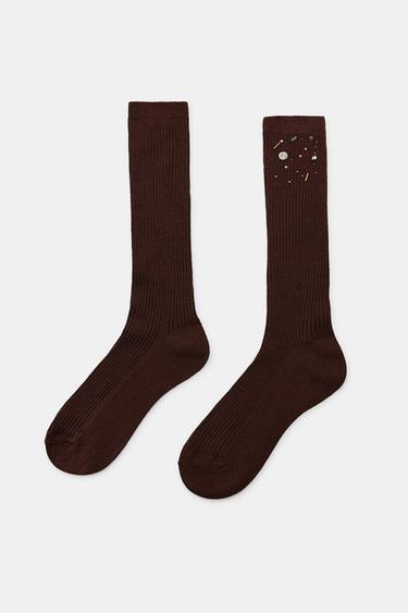 WOOL SOCKS WITH JEWELS AND BEADS - Brown by Zara