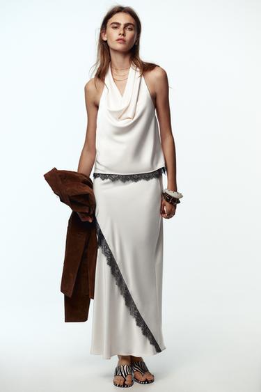 SATIN MIDI SKIRT WITH LACE - Ecru by Zara