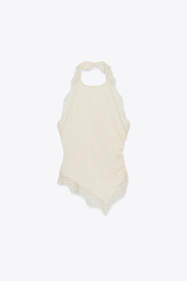 TEXTURED HALTER TOP WITH LACE - Bone by Zara