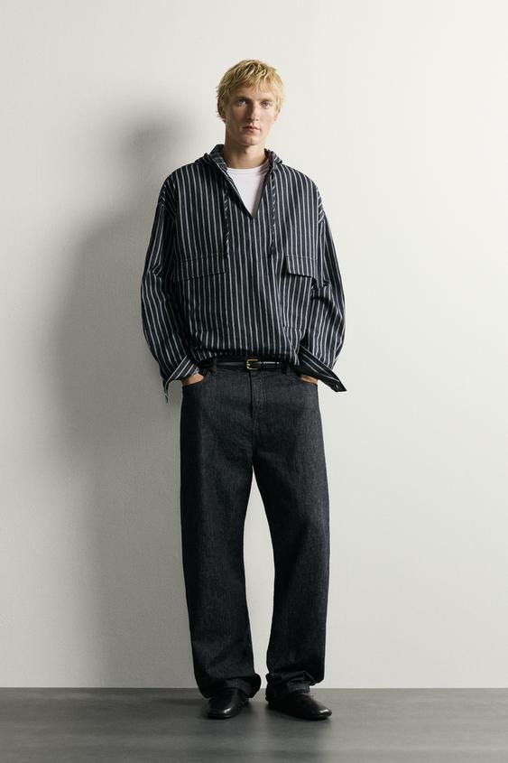 STRIPED COTTON-LINEN HOODED OVERSHIRT - Blue by Zara - Image 0
