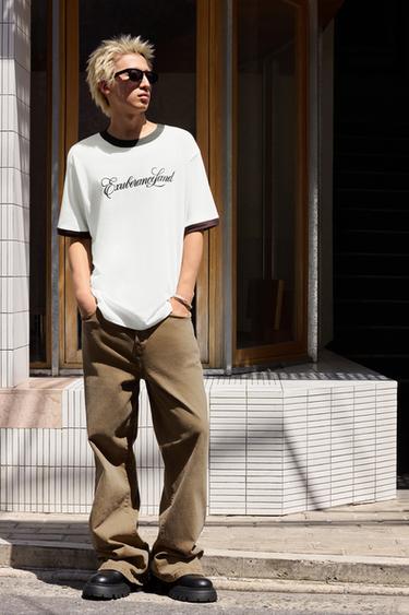 CONTRAST SLOGAN RIB T-SHIRT - White by Zara