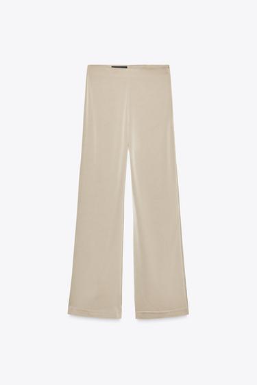 HIGH-WAIST SATIN TROUSERS - Beige / Green by Zara