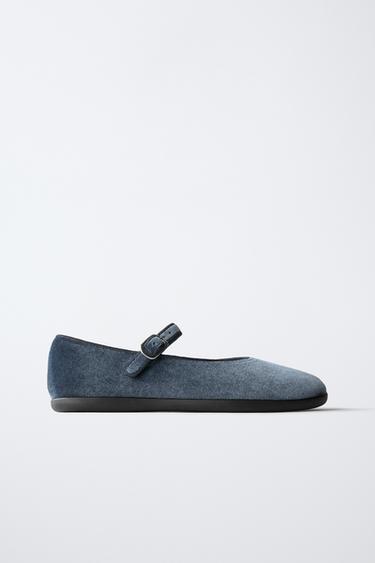 VELVET BALLET FLATS - Blue by Zara