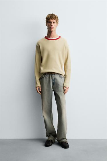 CONTRAST CHECKERED WAFFLE-KNIT T-SHIRT - camel by Zara - Image 0
