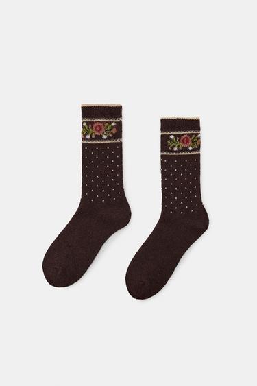 JACQUARD SPOT AND FLOWER SOCKS - Brown by Zara