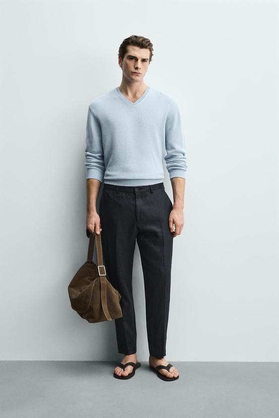 100% LINEN REGULAR FIT TROUSERS - Navy blue by Zara - Image 0