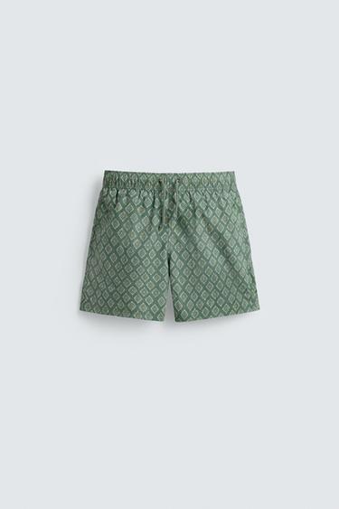 FADED GEOMETRIC PRINT SWIMMING TRUNKS - Green by Zara