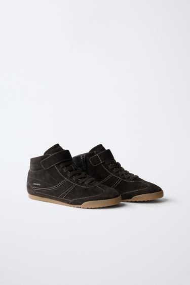 LEATHER BOXING HIGH-TOP SNEAKERS - Brown by Zara