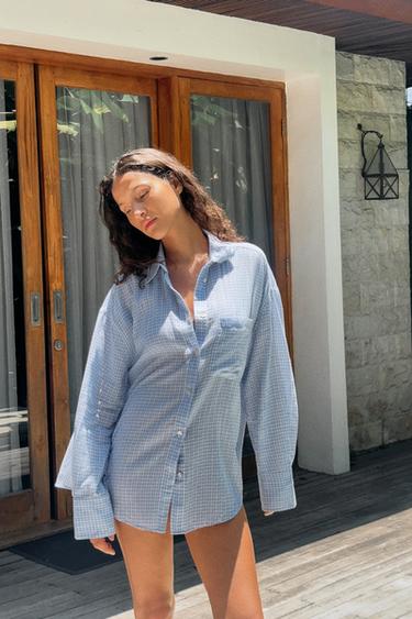 OVERSIZE GAUZE SHIRT WITH POCKET - Ecru / Blue by Zara