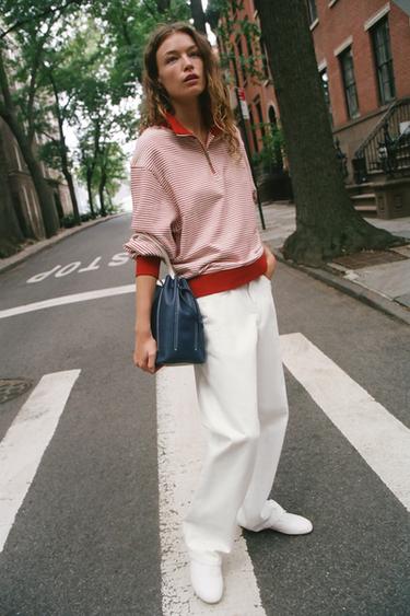 STRIPED ZIP-UP SWEATSHIRT - Red / White by Zara