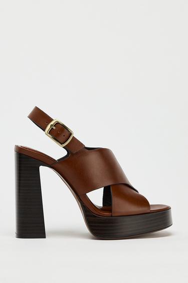 LEATHER HEELED SANDALS - Brown by Zara