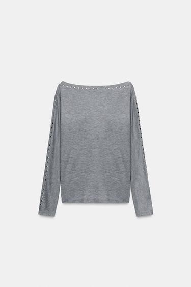 BATWING SLEEVE STUDDED T-SHIRT - Grey marl by Zara