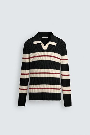 STRIPED JACQUARD KNIT POLO SHIRT - Black by Zara