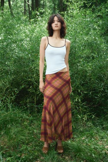 ZW COLLECTION CHECK LONG SKIRT - Burgundy by Zara - Image 0