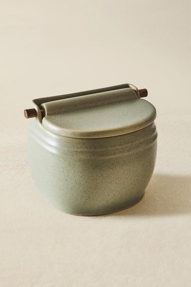 STONEWARE SALT CELLAR WITH LID - GREENISH by Zara