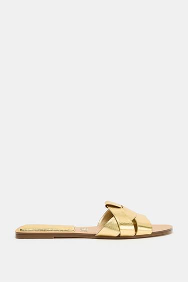 FLAT LEATHER SLIDE SANDALS - Gold by Zara