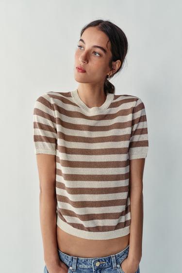 SHORT SLEEVE KNIT TOP - Ecru / Brown by Zara