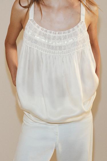 ZW COLLECTION SATIN TOP WITH LACE TRIM - Oyster-white by Zara