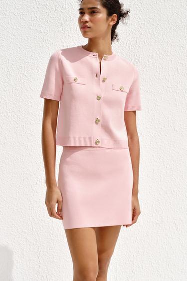 SHORT SLEEVE KNIT CARDIGAN - Pastel pink by Zara
