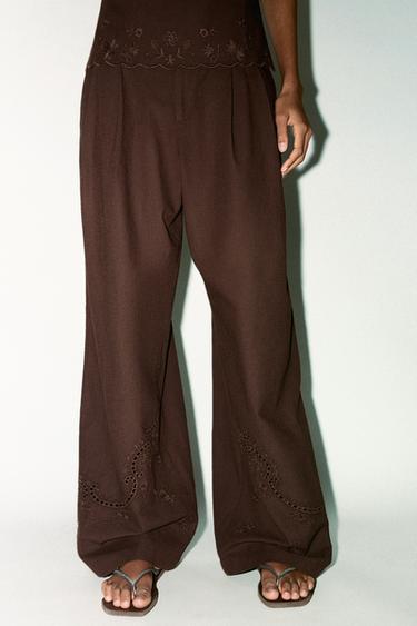 EMBROIDERED TROUSERS - Brown by Zara