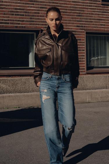 TRF RIPPED MID-WAIST WIDE-LEG JEANS - Blue by Zara