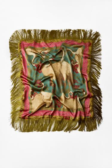 SATIN PRINT SCARF WITH FRINGE - Olive green by Zara
