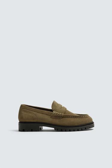 LEATHER PENNY LOAFERS WITH TRACK SOLE - Beige by Zara