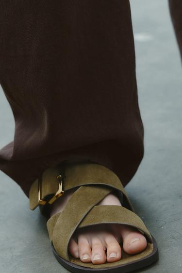 FLAT SPLIT SUEDE STRAP SANDALS - Khaki Green by Zara - Image 0
