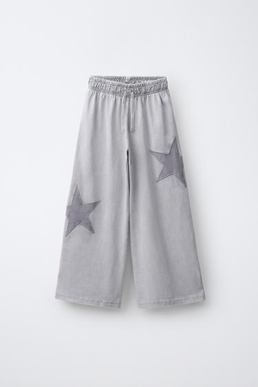 WASHED EFFECT STAR WIDE-LEG TROUSERS - Grey by Zara
